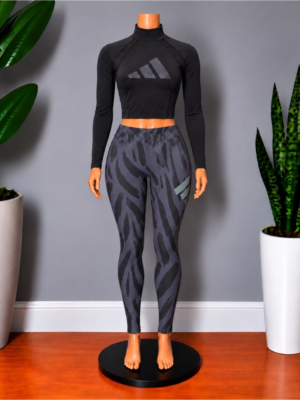 adidas Black Long-Sleeve Crop Top with Charcoal Printed Leggings